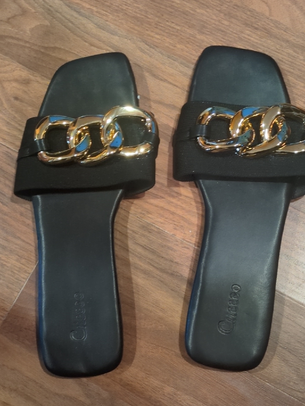 Black Slide Sandals with Gold Chain Accent